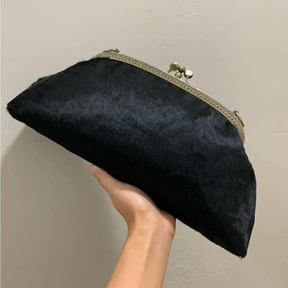 Black Real Hair-on-horsehide Handsewn Double Kiss-lock Clutch Bag/Crossbody